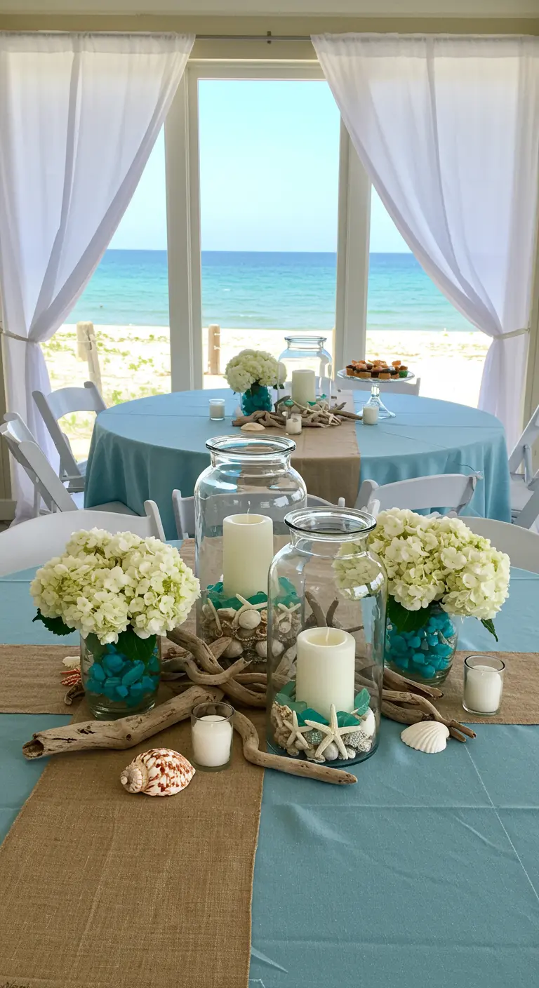 Table de fête thème plage avec vases en verre, coquillages, bois flotté et hortensias bleus.
