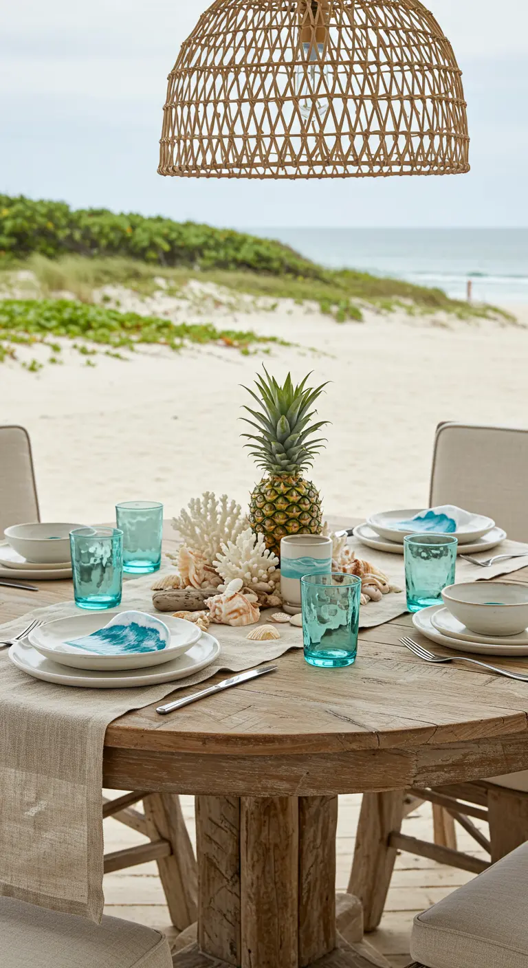 Table en bois sur la plage avec un ananas, coquillages, coraux, verres turquoise et chemin de table beige.