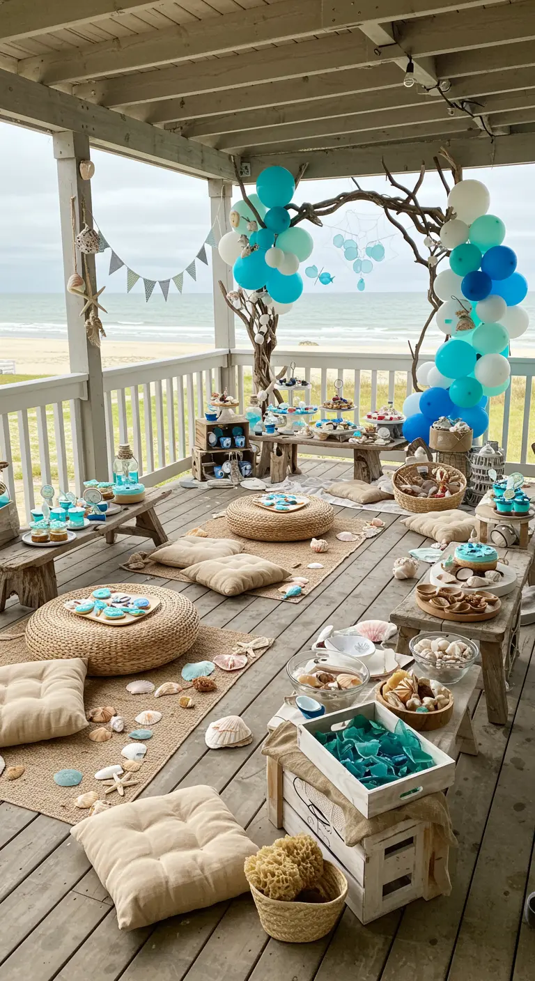 Décoration d'anniversaire thème plage sur une terrasse avec ballons, coquillages et coussins.