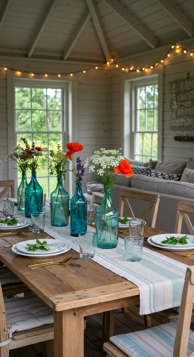 Table en bois rustique avec des bouteilles bleues servant de vases et des guirlandes lumineuses suspendues.
