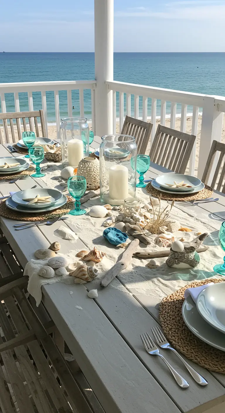Table de plage avec chemin de table de sable, coquillages, bois flotté et bougies, face à la mer.