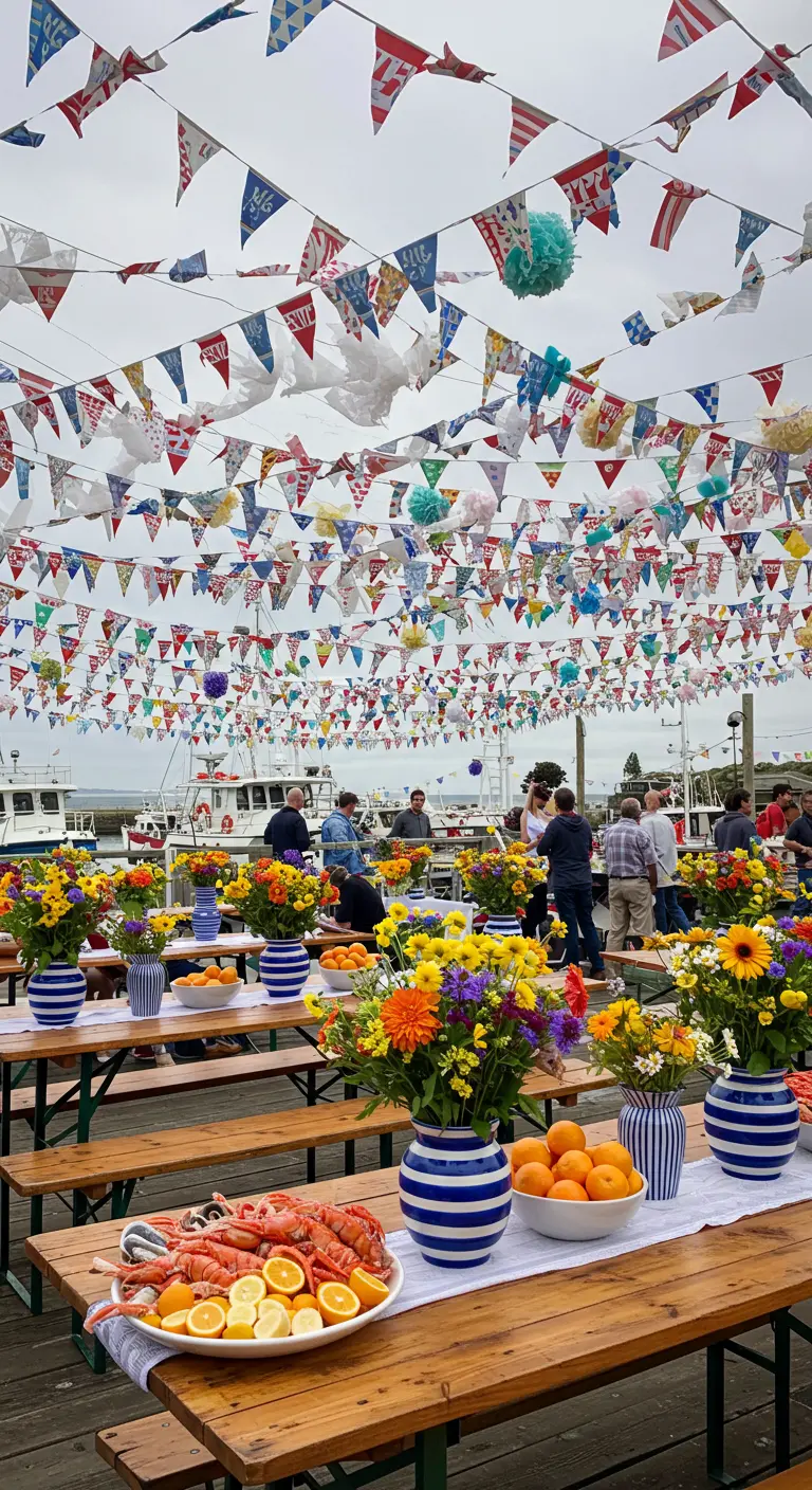 Fête au bord de l'eau avec tables en bois, bouquets dans des vases rayés, guirlandes de fanions et un plateau de fruits de mer.