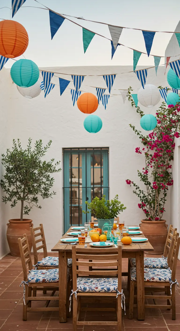 Cour extérieure méditerranéenne avec table en bois, chaises bleues et oranges, lampions et fanions.