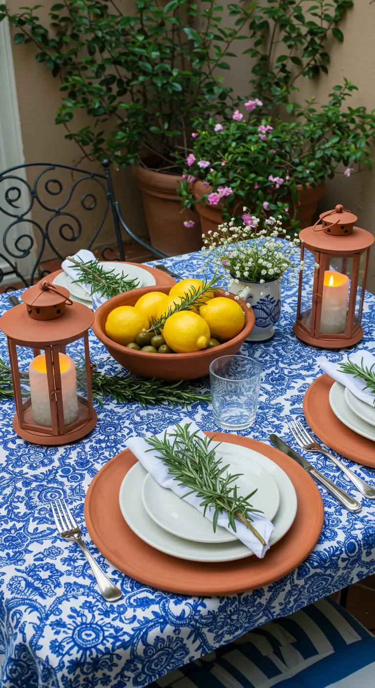 Table méditerranéenne avec nappe bleue, citrons, romarin et lanternes en terre cuite.