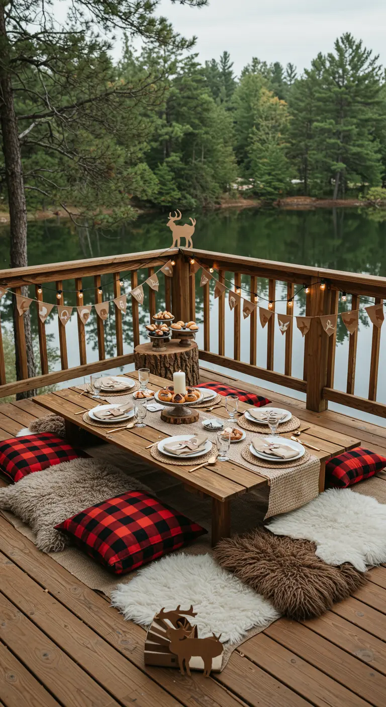 Pique-nique sur terrasse en bois au bord d'un lac, coussins rouges, peaux de mouton.
