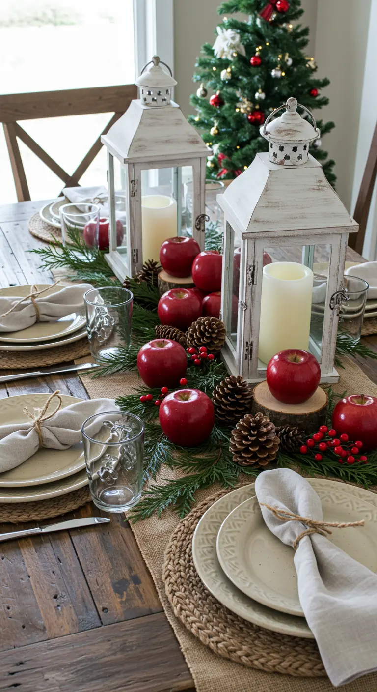 Table en bois décorée de lanternes blanches, de pommes rouges, de pommes de pin et de branches de sapin sur une toile de jute.