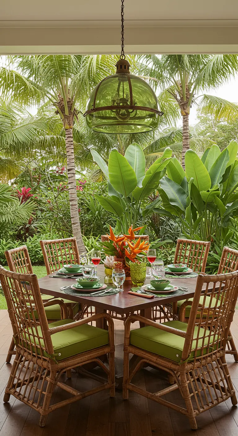 Coin repas sur une terrasse tropicale, entouré de palmiers et de plantes luxuriantes.