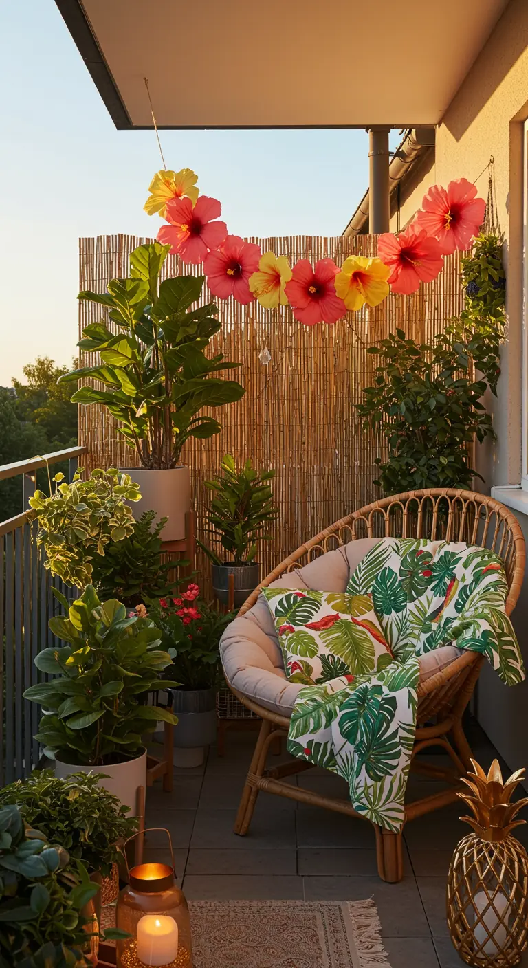 Balcon de style tropical avec fauteuil en rotin, paravent en bambou et plantes.