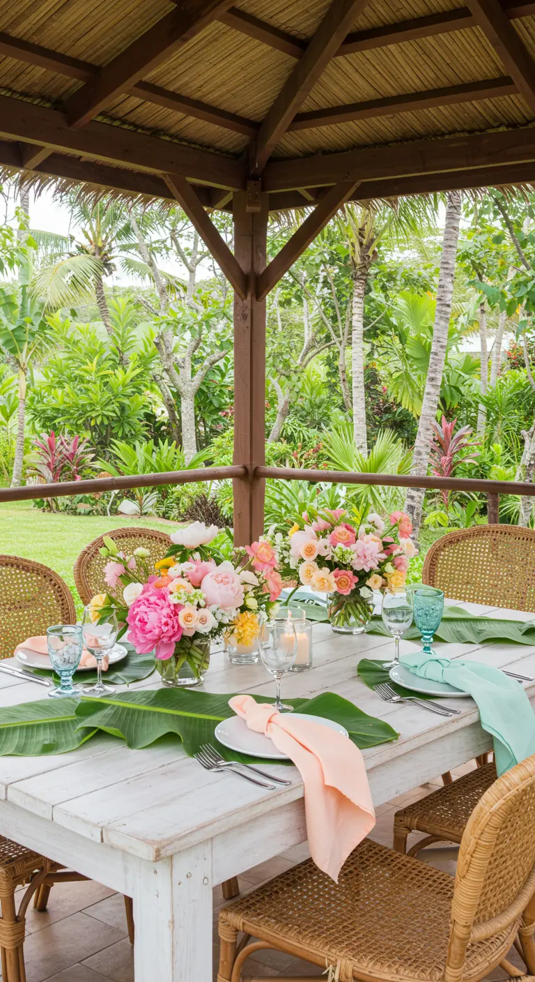 Table tropicale sous un toit de chaume, chaises en rotin, feuilles de bananier, pivoines colorées.