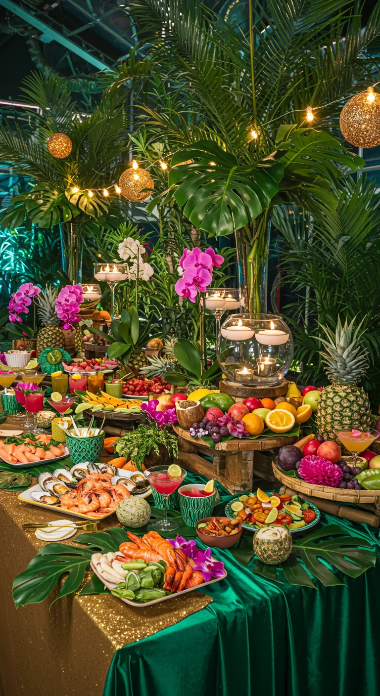 Buffet tropical avec plantes exotiques, fruits colorés, nappes dorées et fleurs vives.