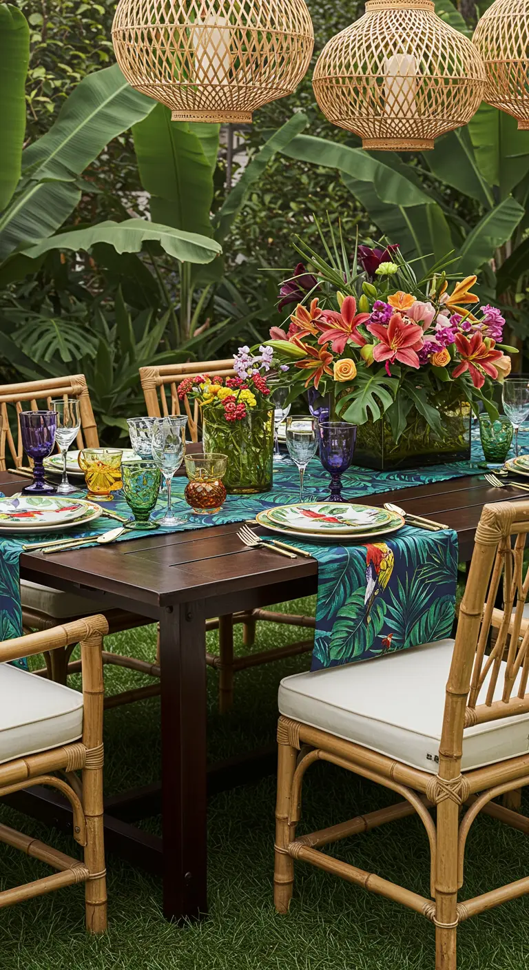 Table dans un jardin tropical avec chemin de table à motif de feuilles de palmier.