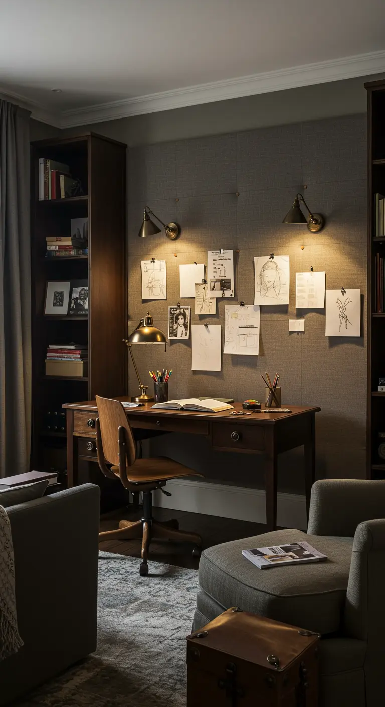 Bureau sombre et élégant avec un tableau d'affichage en tissu, appliques murales et bibliothèques intégrées.