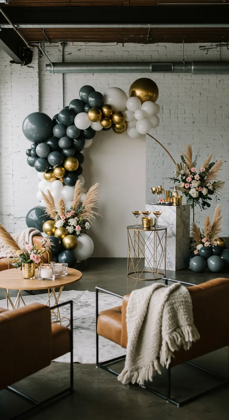 Arche de ballons gris, blancs et dorés dans un salon lounge moderne.