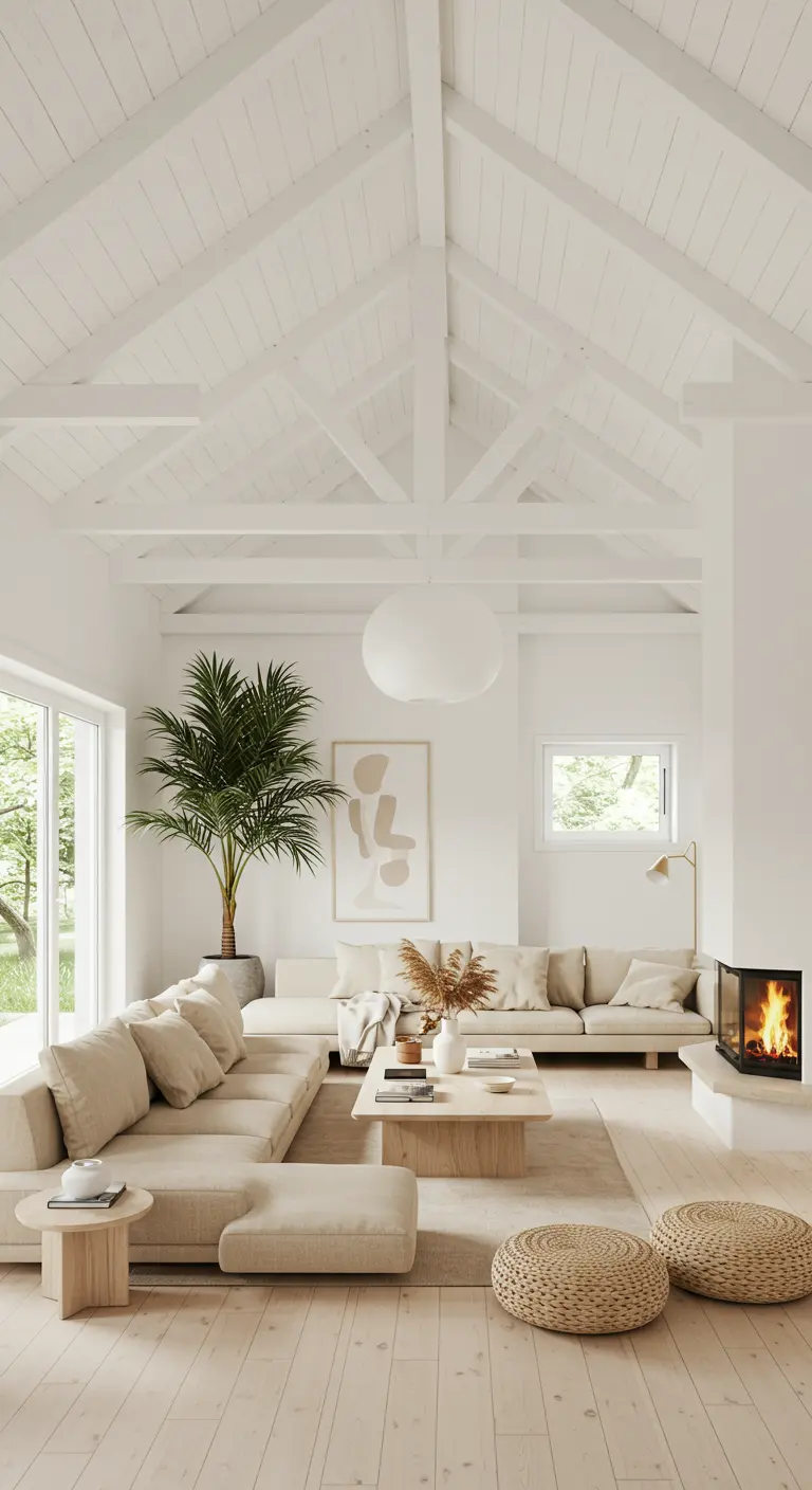 Grand salon ouvert avec poutres apparentes blanches, canapé d'angle clair, table basse en bois et palmier d'intérieur.