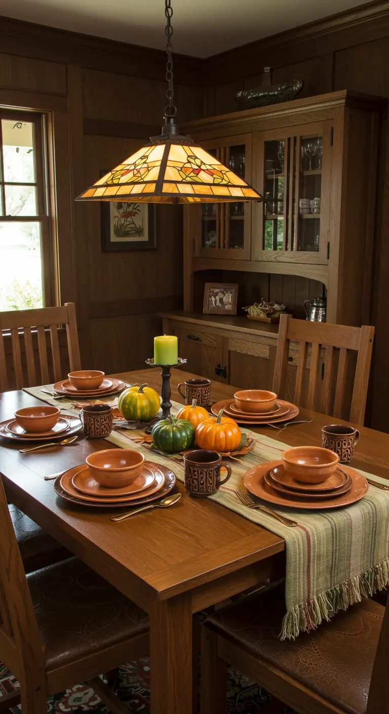 Table de salle à manger en bois de style Arts and Crafts avec de la vaisselle en poterie et une lampe Tiffany.