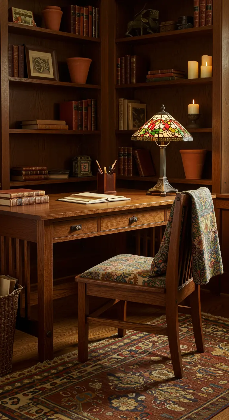 Bureau en bois de style Arts & Crafts avec une lampe Tiffany et des étagères de livres.