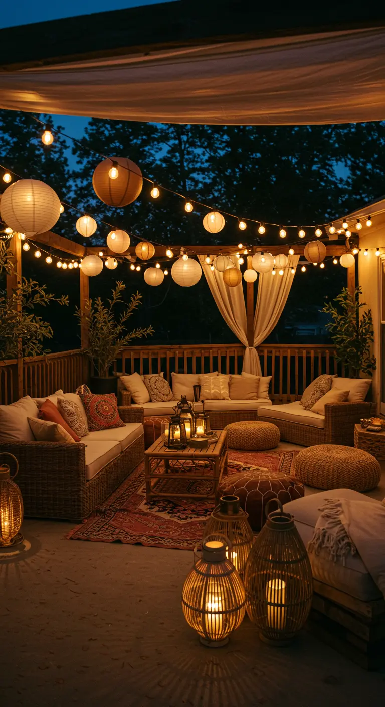 Terrasse couverte bohème chic avec guirlandes lumineuses, lampions, voiles, coussins et lanternes au sol.