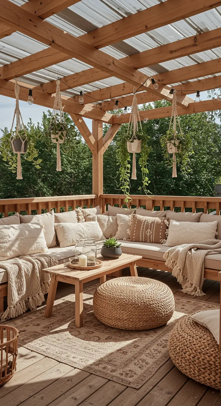 Pergola en bois de style bohème avec un canapé d'angle, des plaids, un pouf et des plantes suspendues.