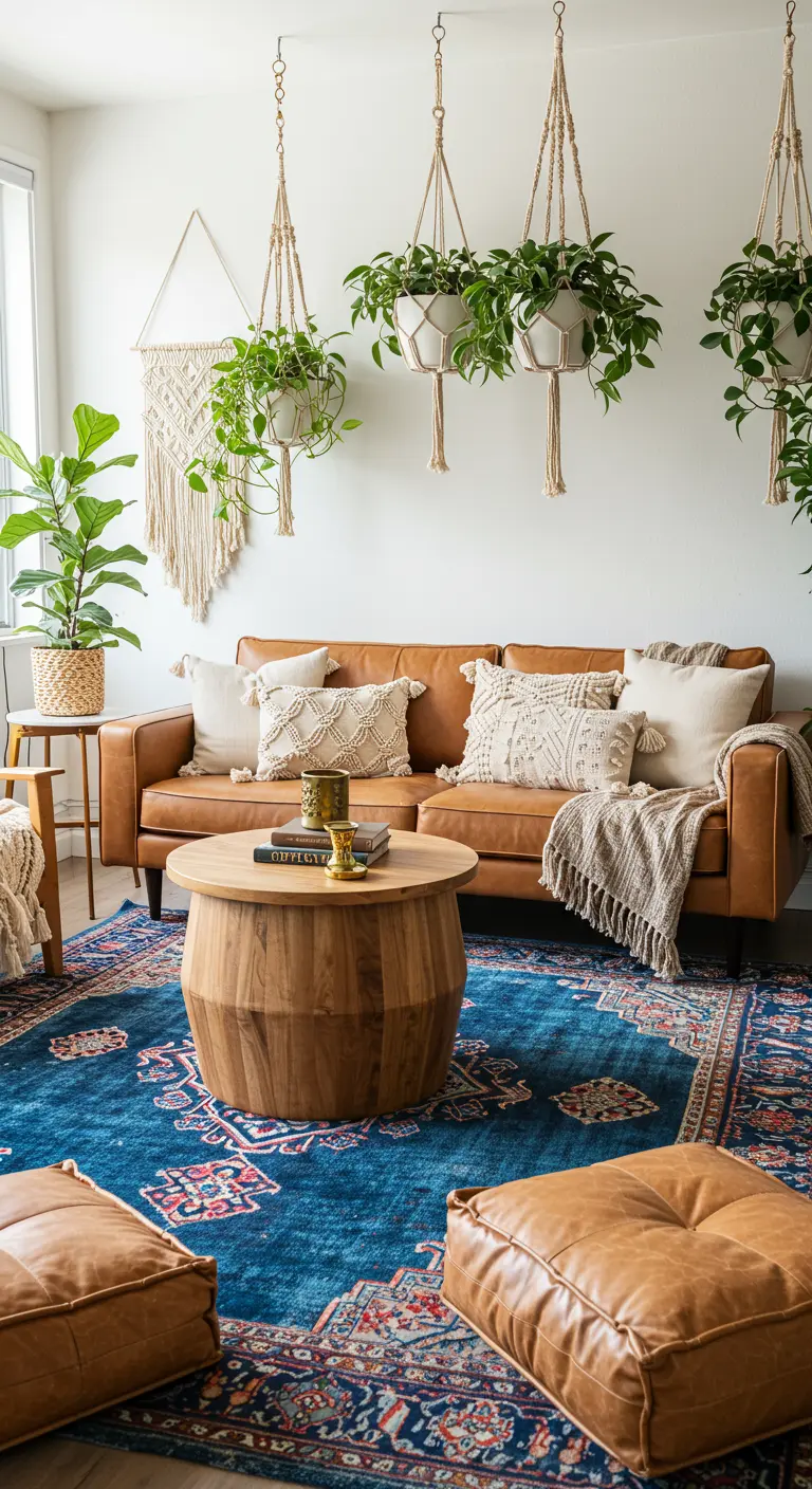 Salon bohème avec canapé en cuir, plantes suspendues en macramé et grand tapis persan bleu.