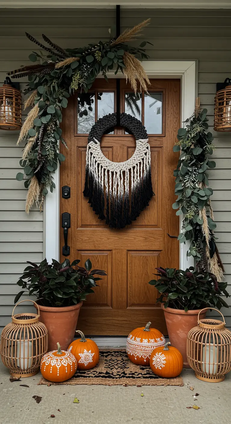 Porte en bois avec couronne en macramé et citrouilles peintes.
