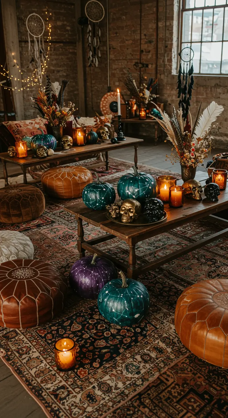 Décoration bohème d'Halloween avec citrouilles peintes, coussins, poufs et lanternes