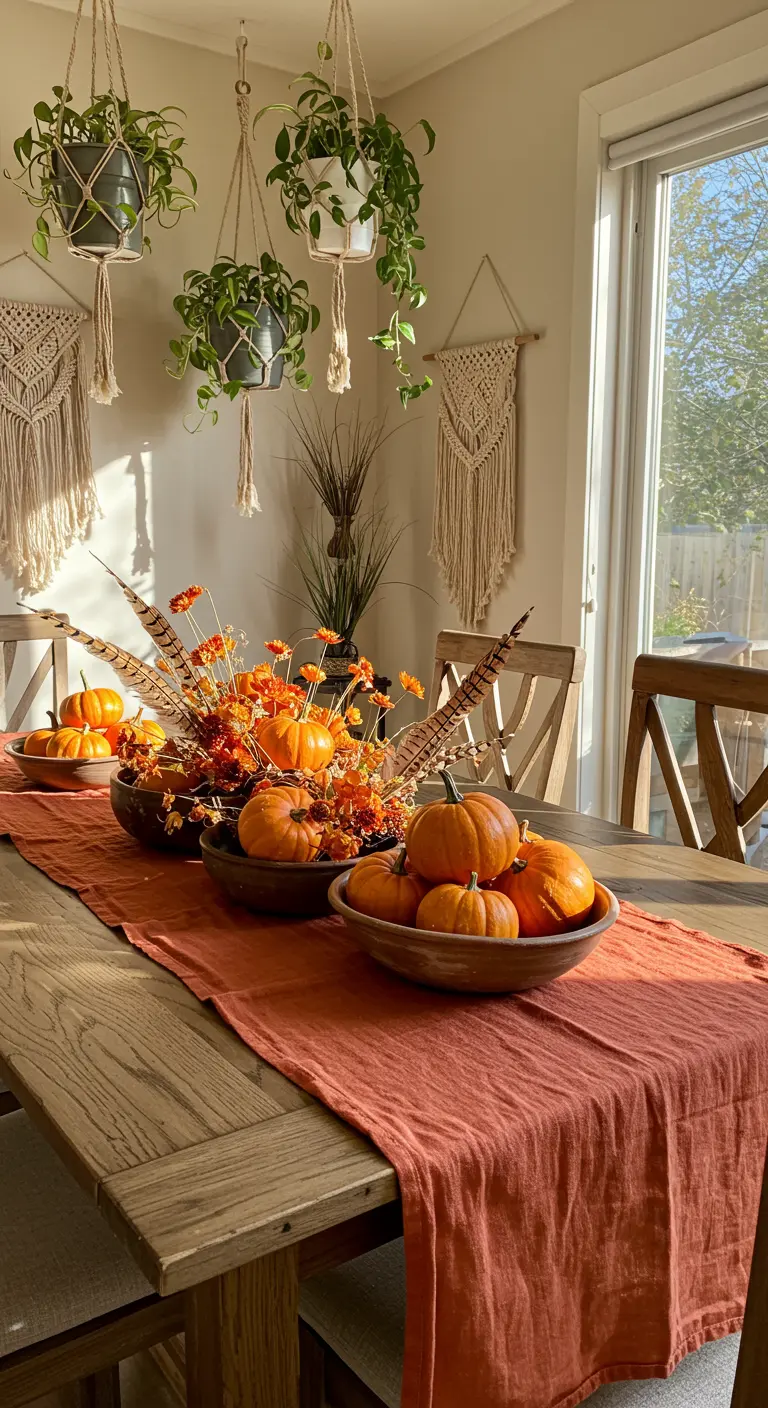 Table d'automne bohème avec chemin de table orange et fleurs séchées.