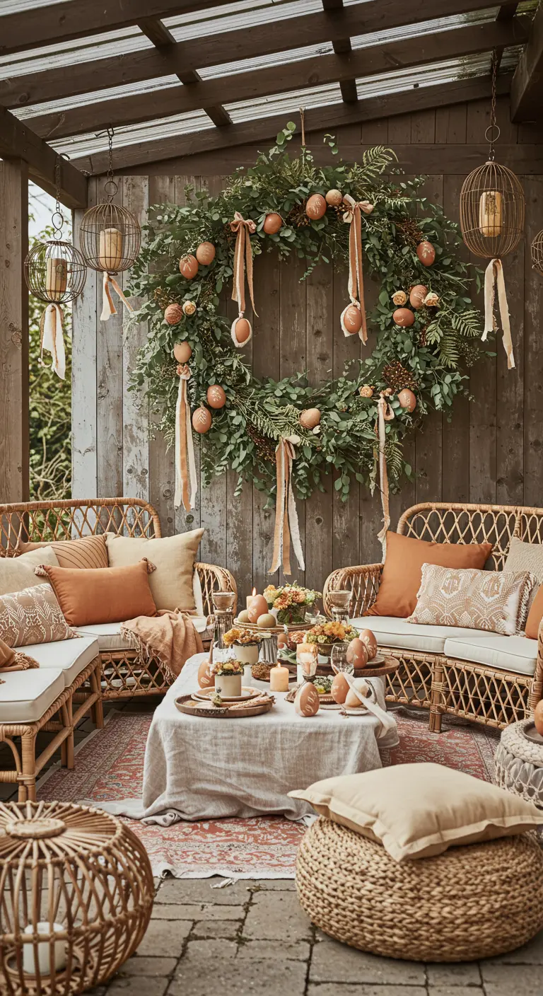 Très grande couronne d'eucalyptus avec des œufs couleur terre cuite sur un mur de patio en bois.