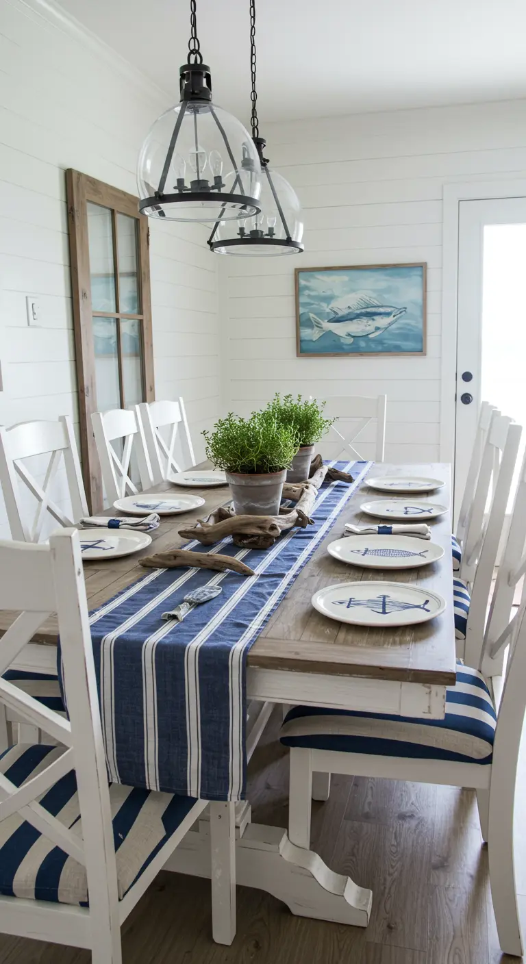 Table de salle à manger avec un chemin de table à rayures bleues.