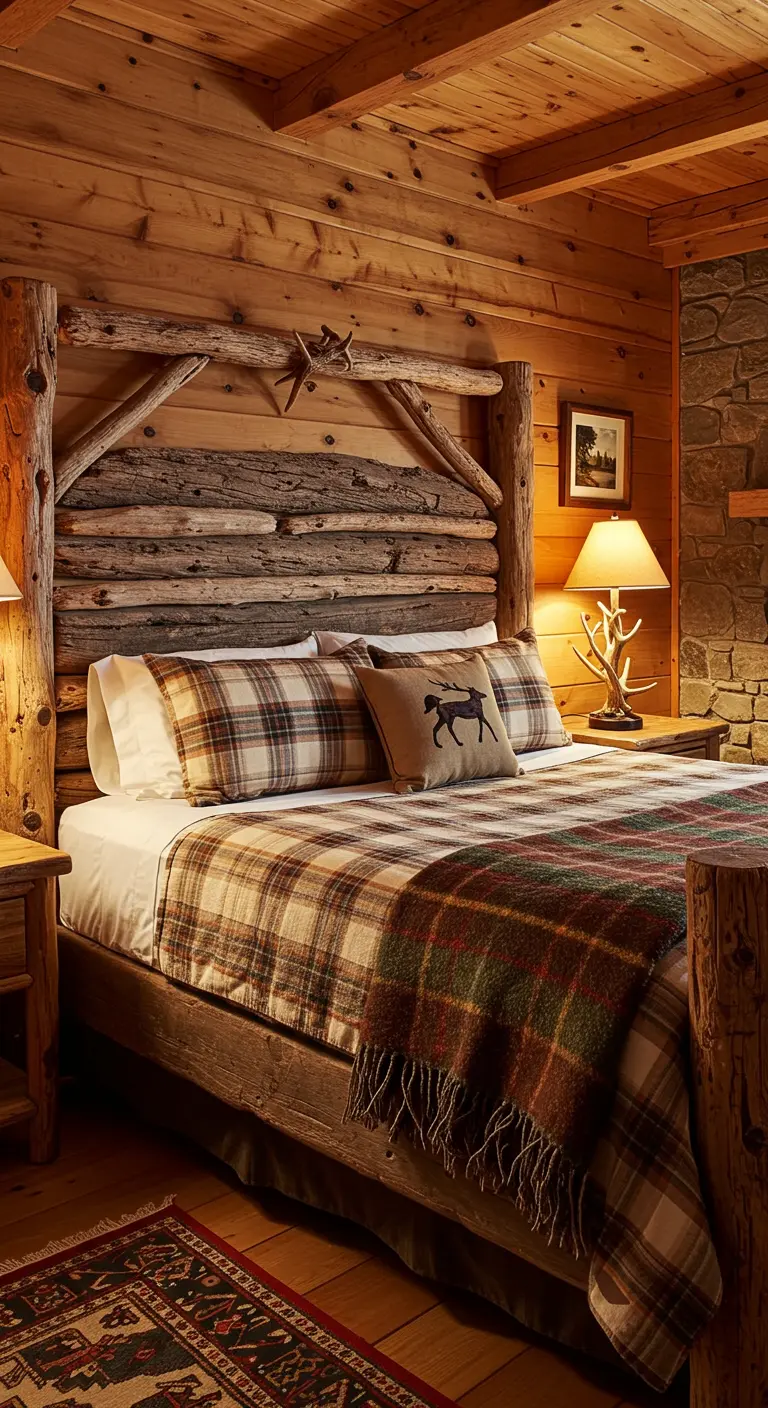 Tête de lit massive de style chalet, faite de rondins et de planches de bois brut épaisses.