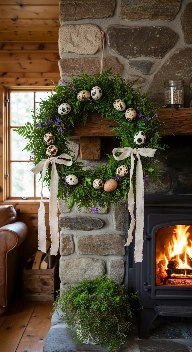 Couronne de fougères et d'œufs de caille accrochée à une cheminée en pierre avec un feu de bois.