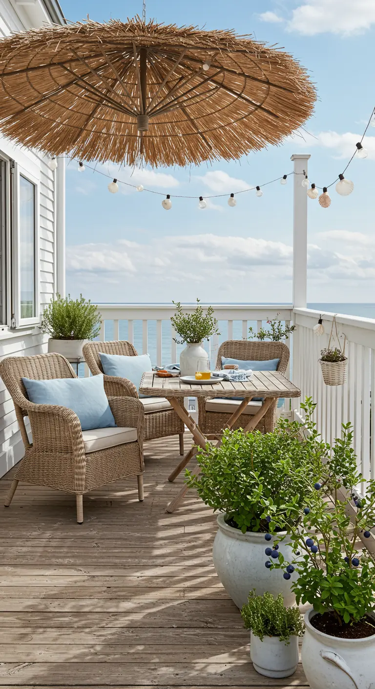 Balcon côtier avec parasol en paille, mobilier en rotin et plants de myrtilles en pot.