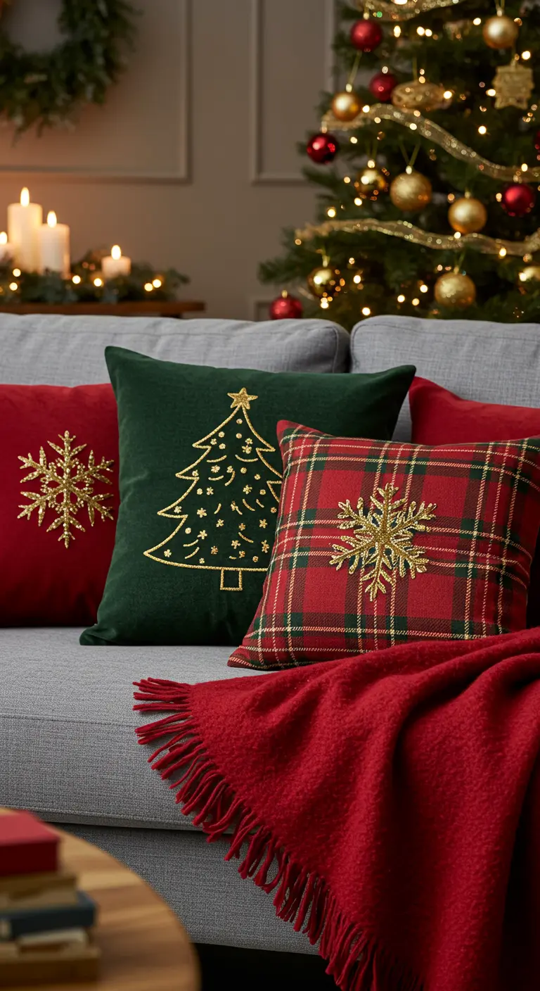 Canapé gris décoré pour Noël avec des coussins rouges, verts à motif tartan et broderies dorées.