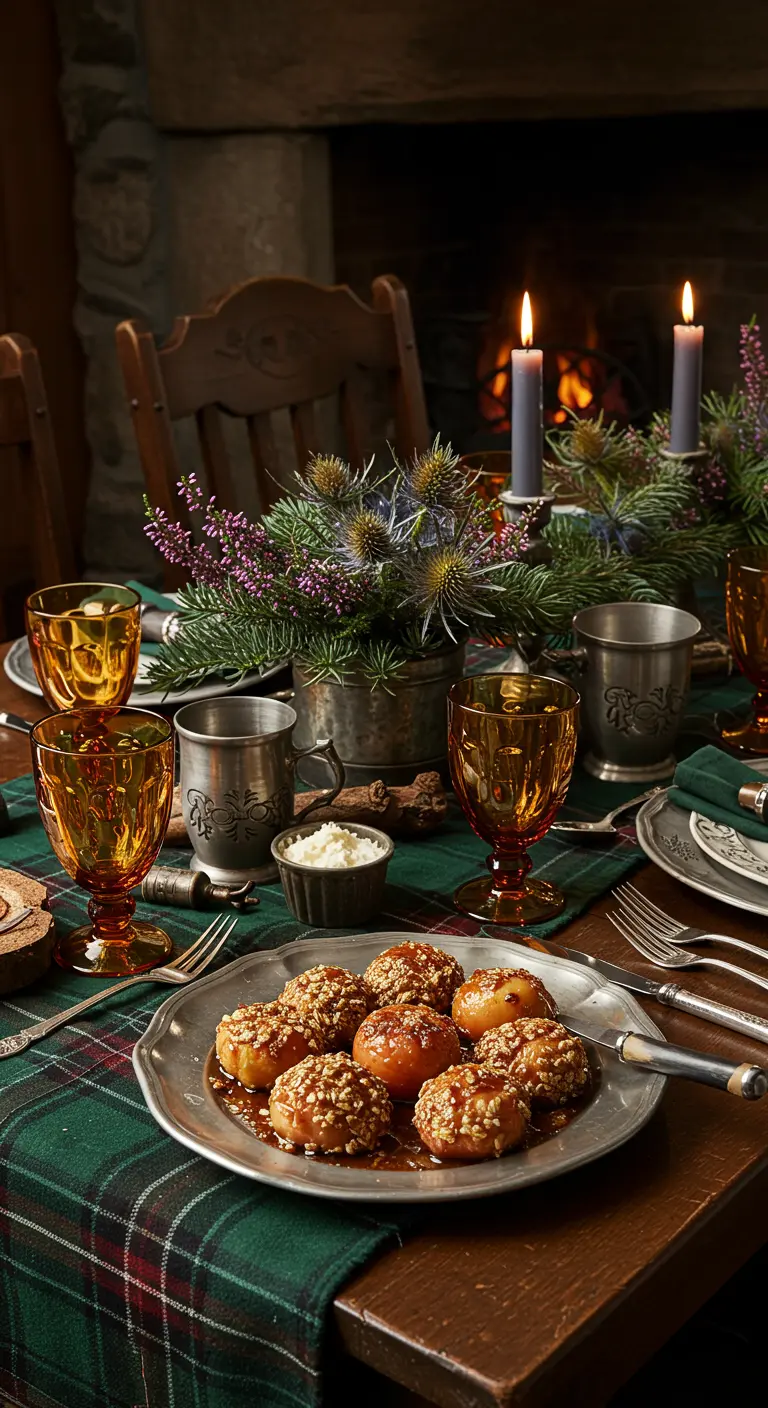 Table rustique écossaise avec chemin de table en tartan et chardons.