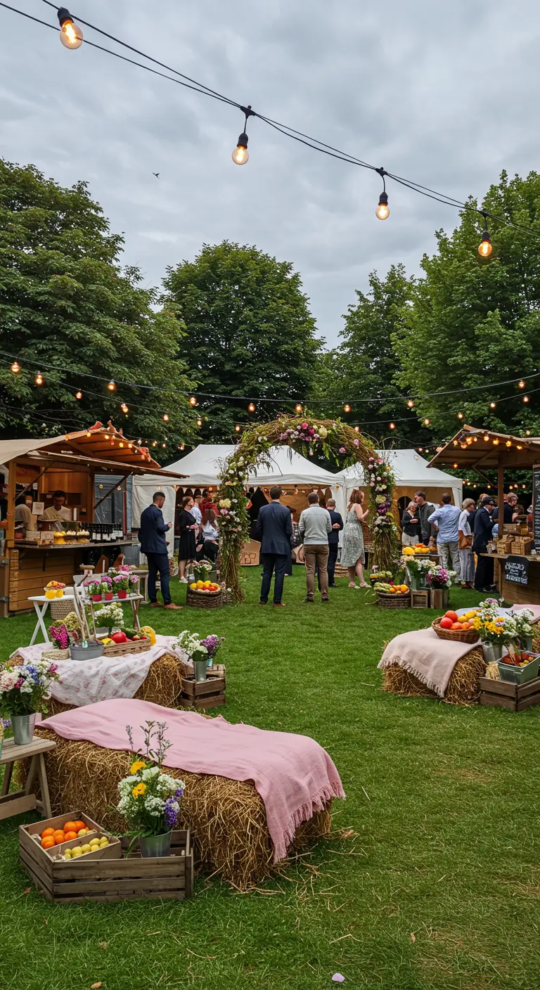 Garden party façon festival avec des stands, des bottes de paille et une arche de fleurs.