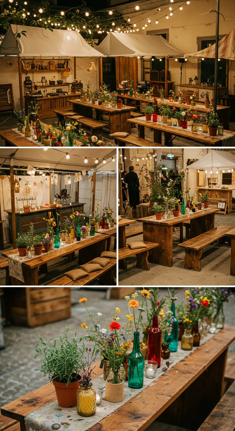 Tables de guinguette en bois avec bouteilles colorées, pots de plantes et guirlandes lumineuses.