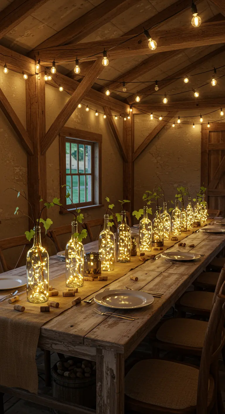 Bouteilles de vin illuminées avec des guirlandes LED sur une table en bois rustique avec chemin de table en jute.