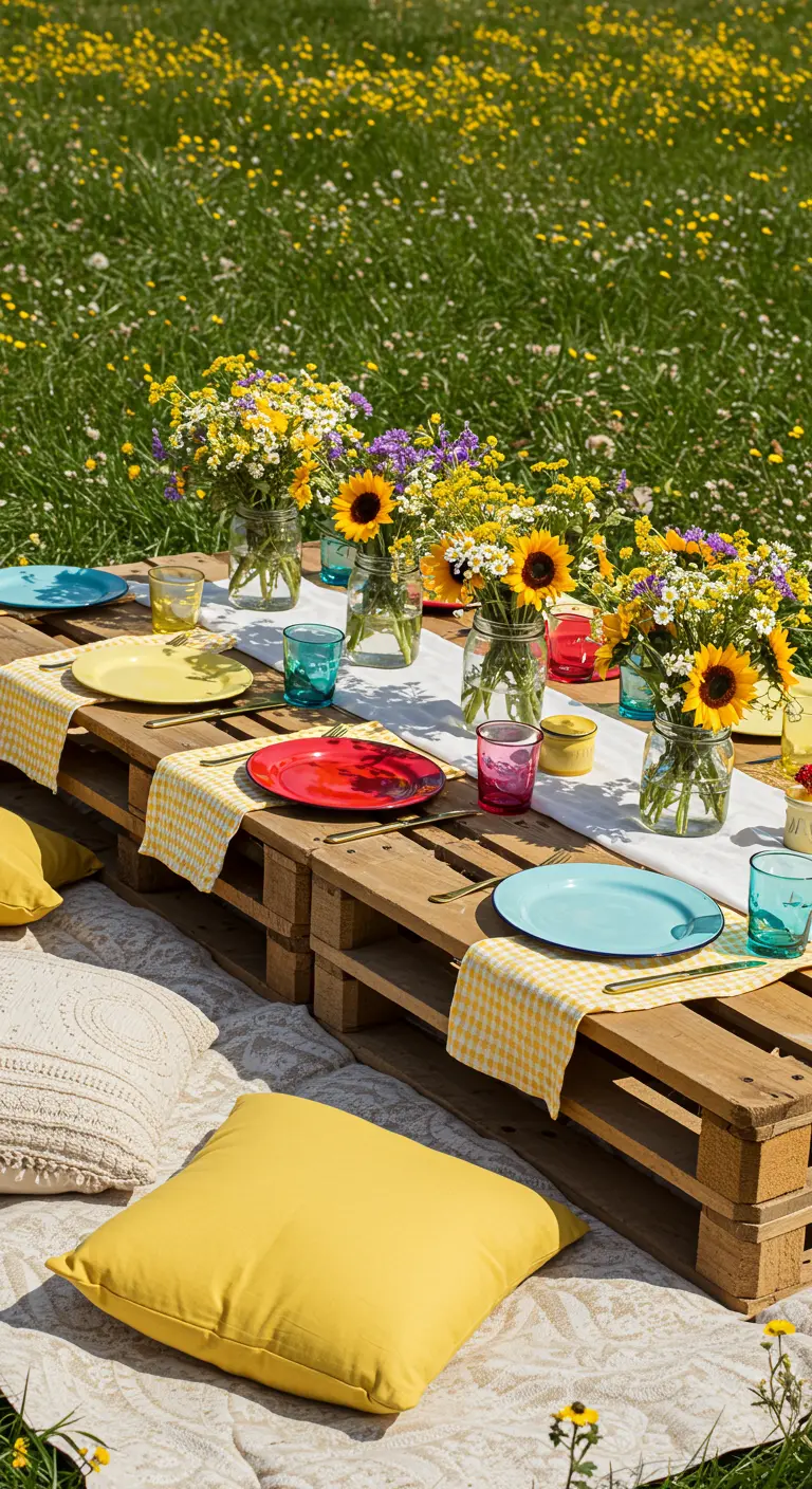 Pique-nique dans un champ avec une table basse faite de palettes en bois et des coussins au sol.