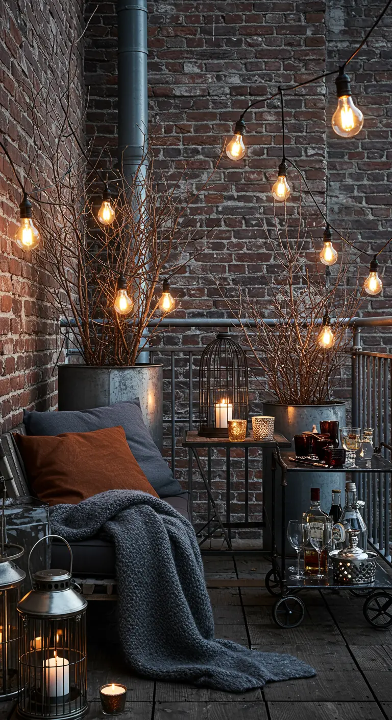 Balcon industriel avec mur de briques, branches dénudées, guirlandes Edison et mobilier gris. 