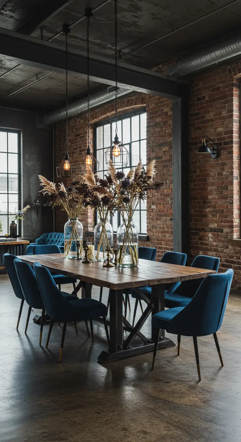 Salle à manger industrielle avec table en bois, chaises en velours bleu et vases d'herbe de la pampa