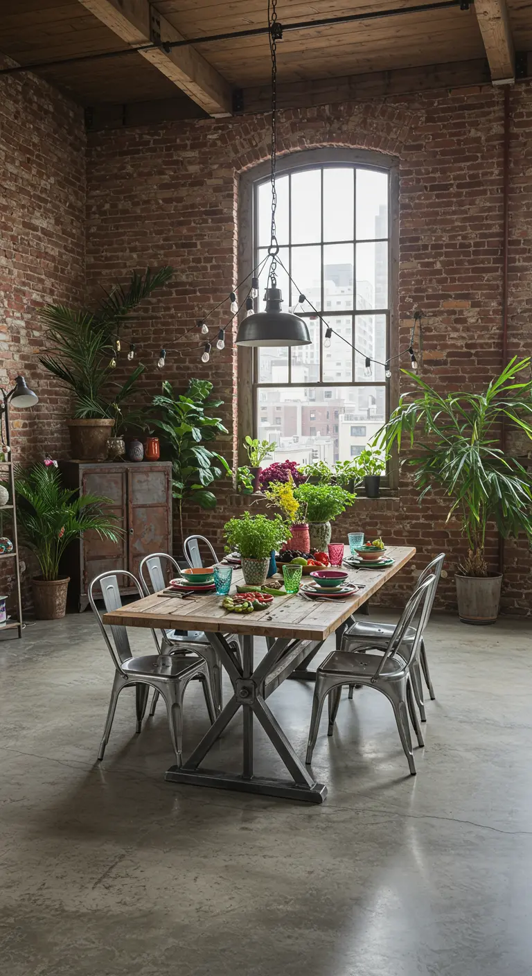 Salle à manger industrielle avec table en bois, chaises métalliques et vaisselle colorée.