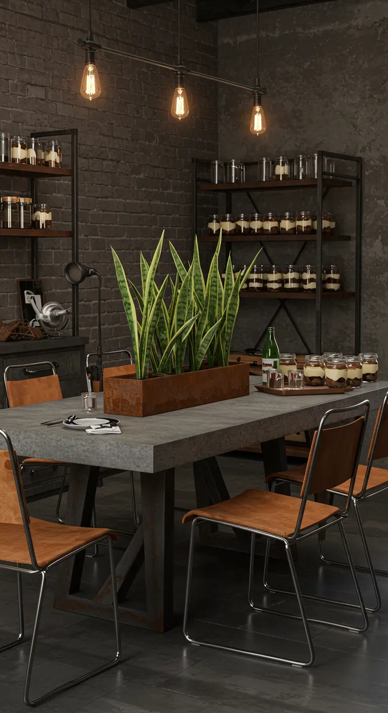 Table industrielle en béton avec grand pot de sansevières, lumières Edison.