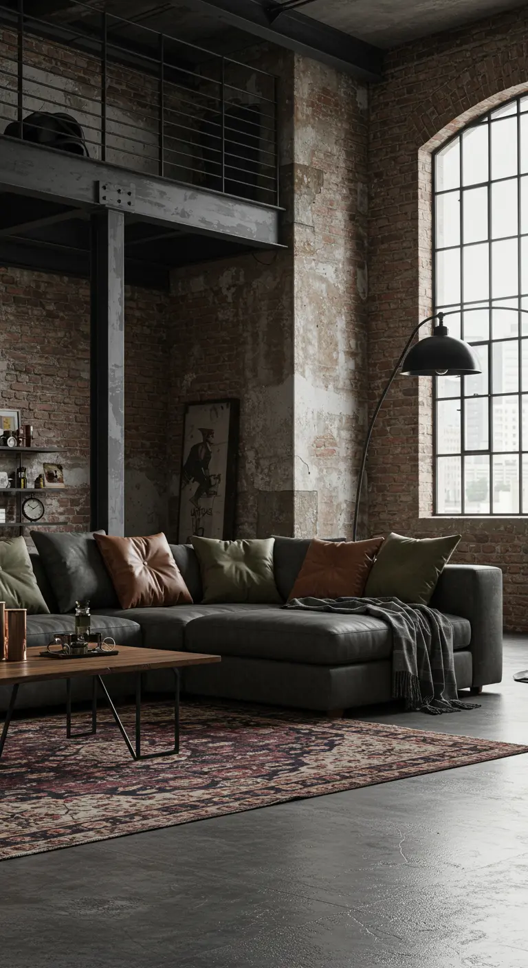 Canapé d'angle gris foncé dans un loft industriel, avec des coussins en cuir cognac et vert kaki.