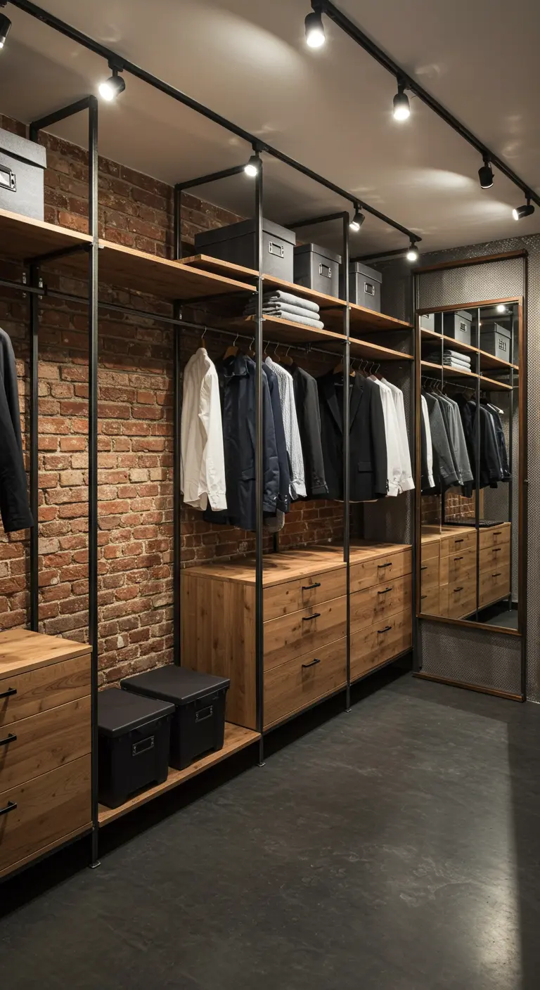 Dressing industriel avec mur de briques, étagères en bois et métal noir, miroir.