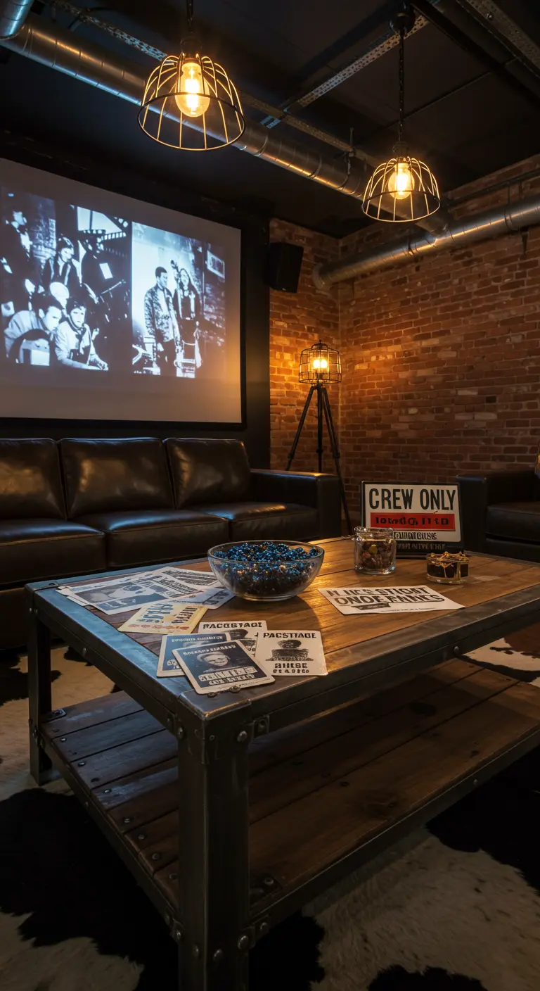 Loft urbain avec mur de briques, canapé en cuir et table basse industrielle.