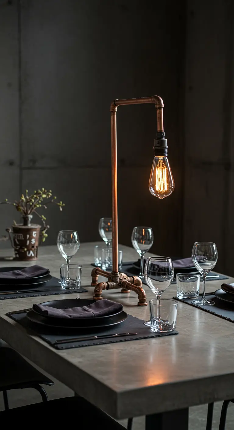 Lampe de style industriel en tuyaux de cuivre sur une table de salle à manger moderne.