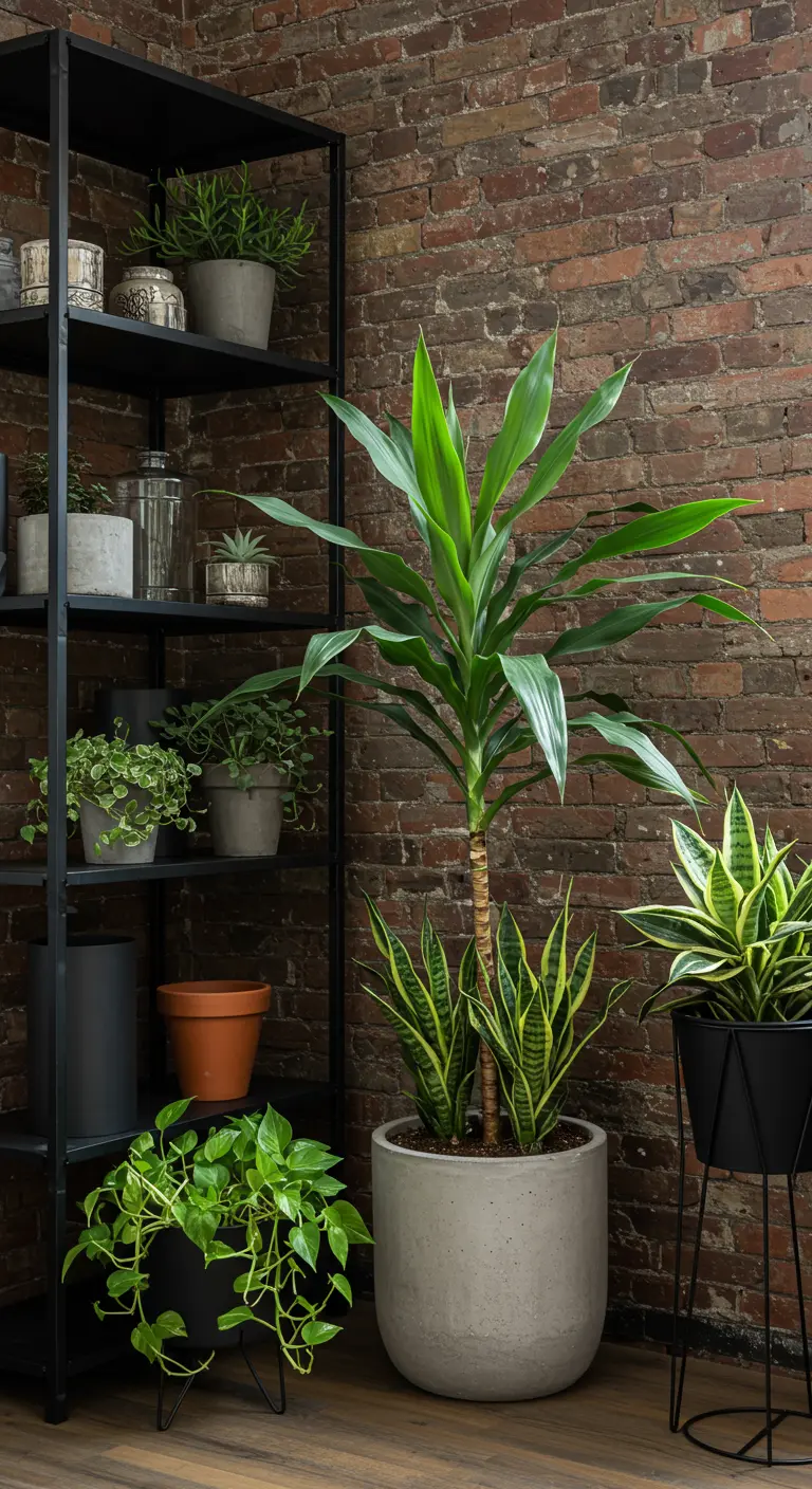 Intérieur industriel avec mur de briques, étagère noire, Dracaena et Sansevieria.