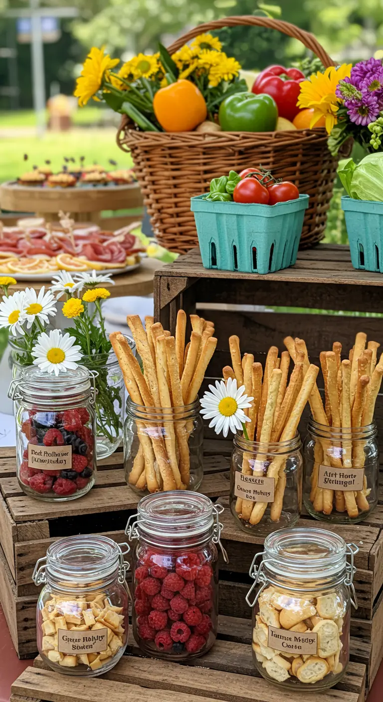 Buffet style marché fermier avec des bocaux de gressins, de baies et de craquelins.