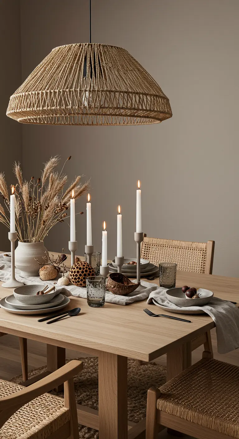 Table à manger de style scandinave avec de la vaisselle en grès, des bougies et un bouquet de fleurs séchées.