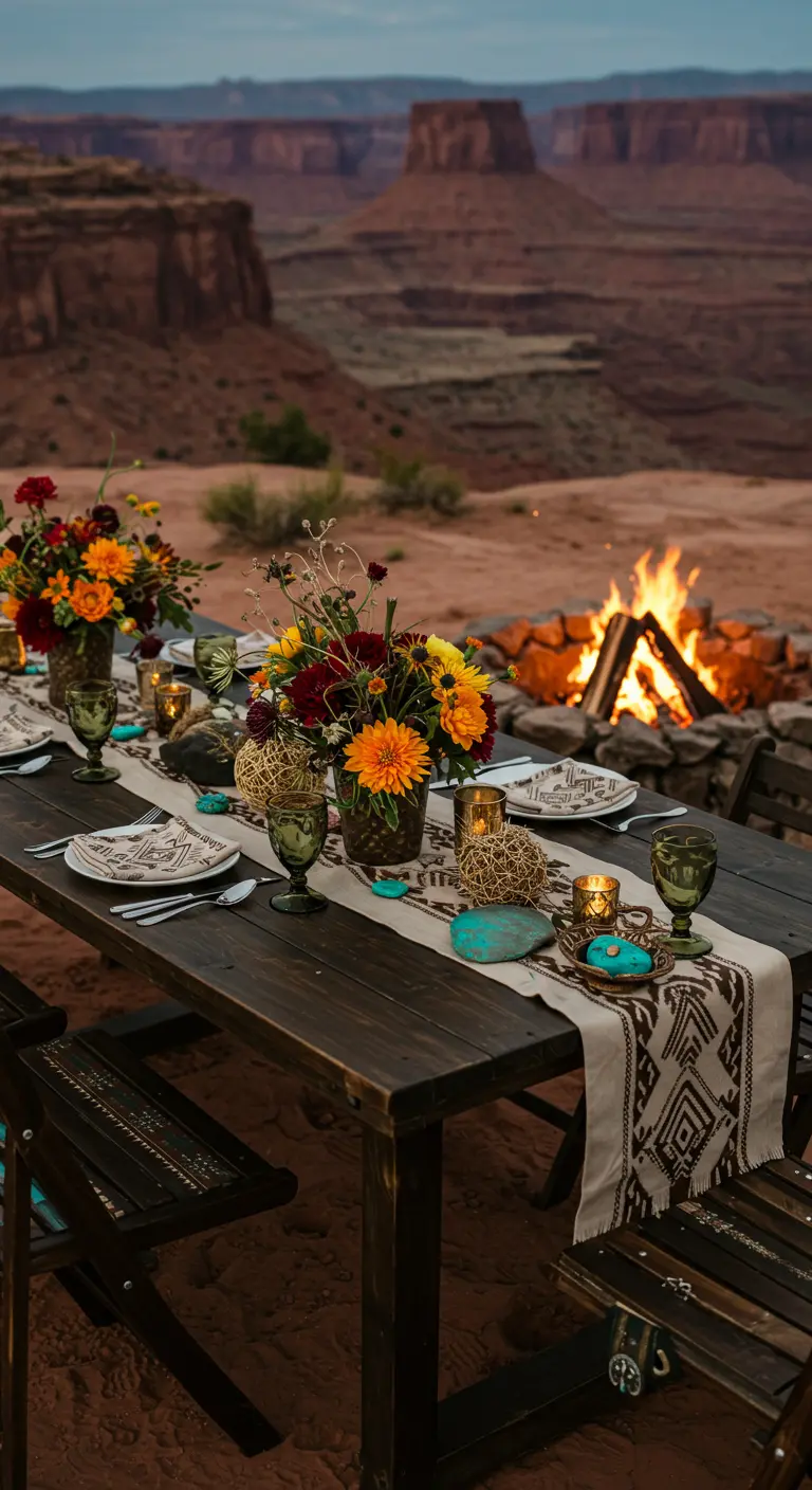 Table de mariage dans un canyon avec des fleurs chaudes et des pierres turquoise.
