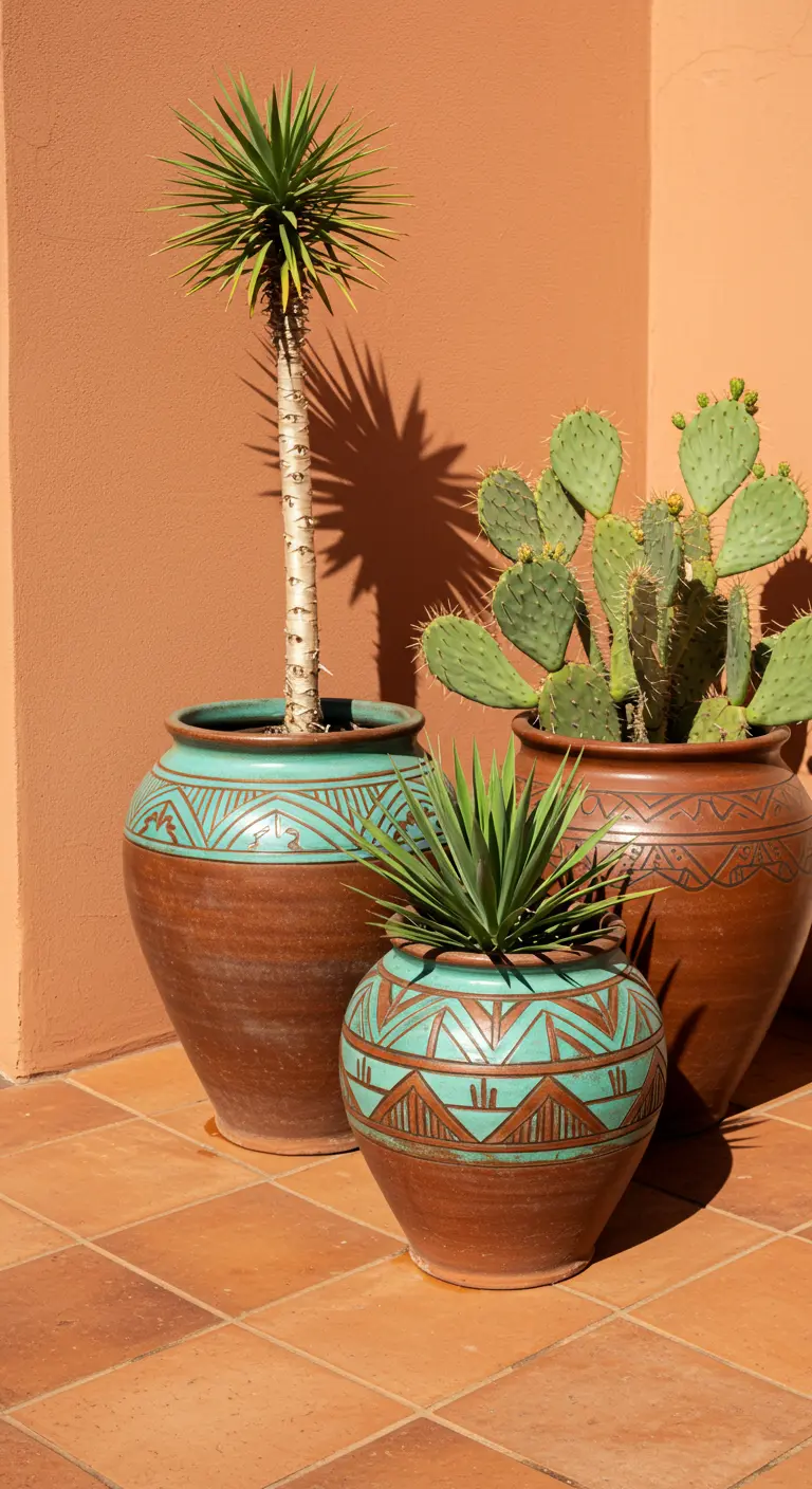Grands pots en terre cuite avec des motifs géométriques turquoise.